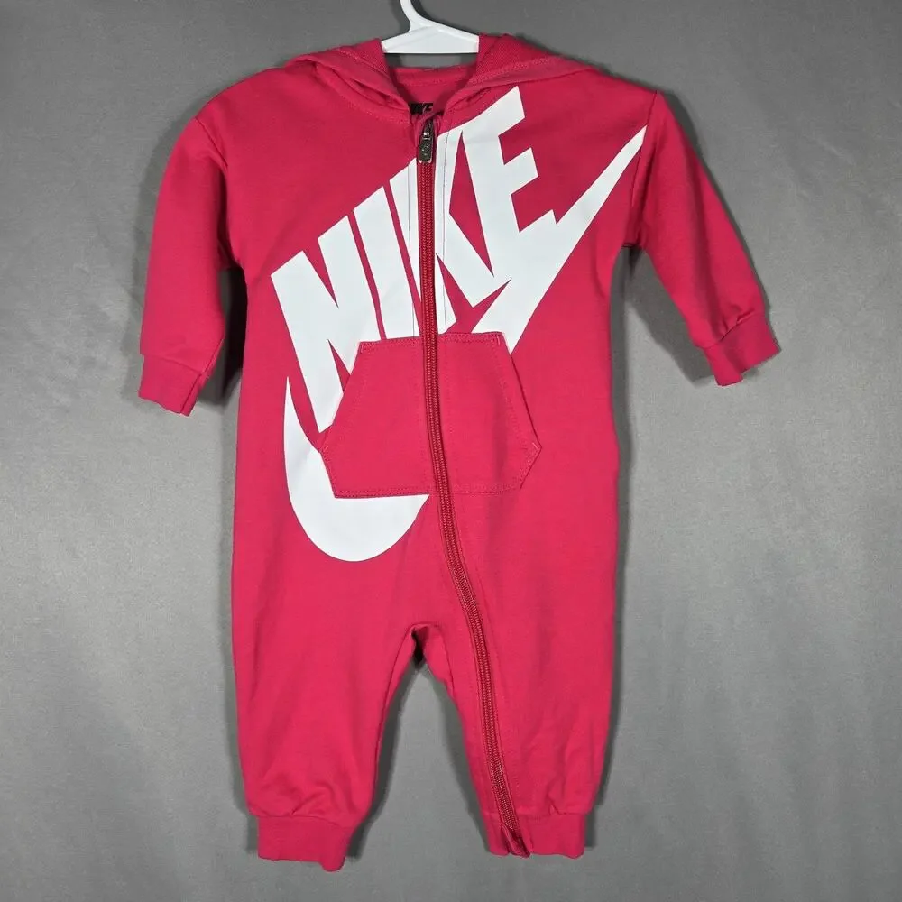 Nike Hooded Romper One Piece Infant 6M Pink Full Zip Logo Jumpsuit Front‎ Swoosh